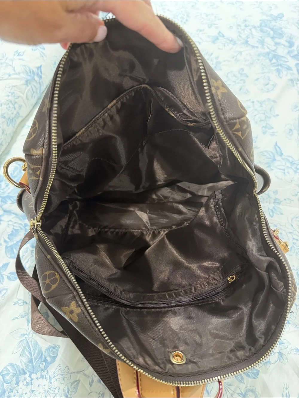 Monogram-Style Brown Backpack with Tan Accents with matching pouch wallet